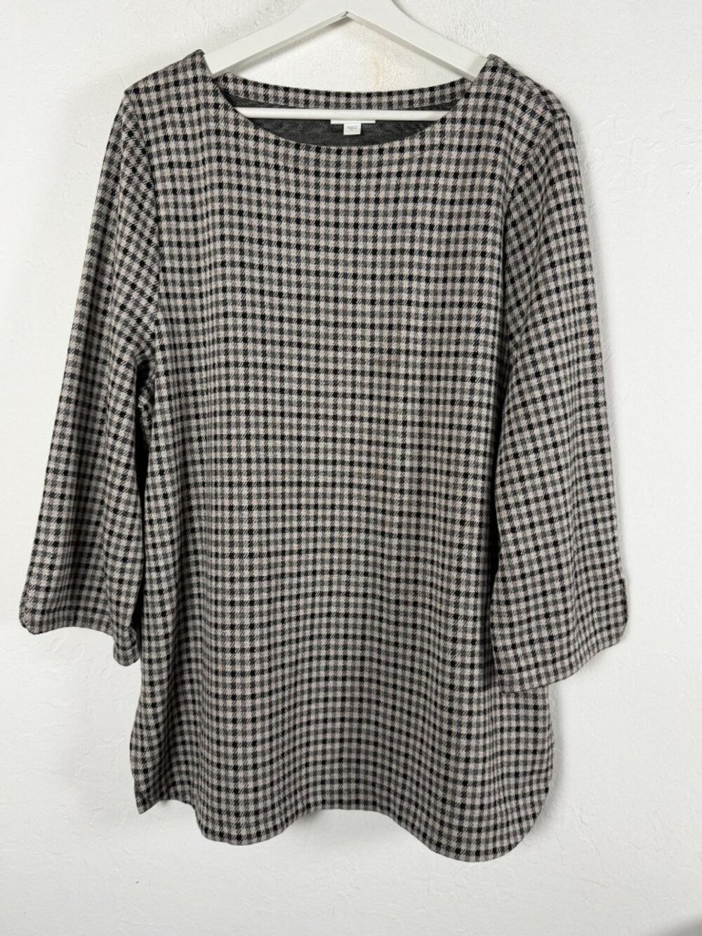 J. Jill Womens Plaid Boat Neck Ponte Top 3/4 Sleeve Black Gray Gingham Check XL